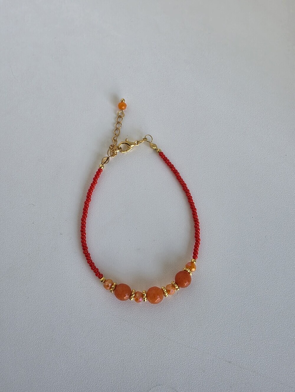 Orange Agate Beaded Bracelet Red Seed Beads Gold Plated Handmade 7"+2" - Picture 8 of 8